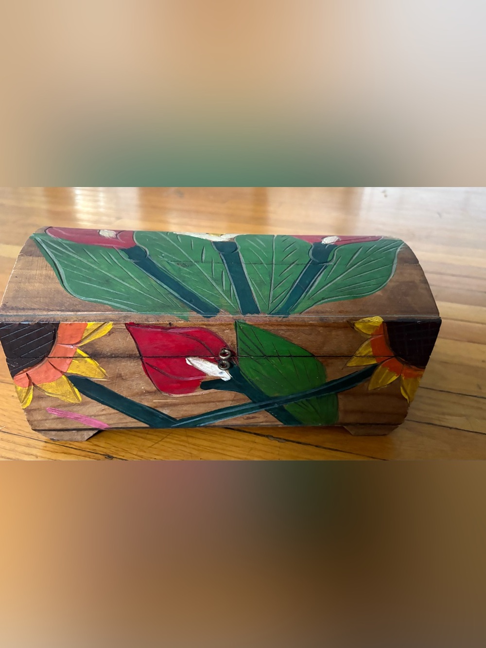 Hand-Painted Wooden Floral Box - Red & Green